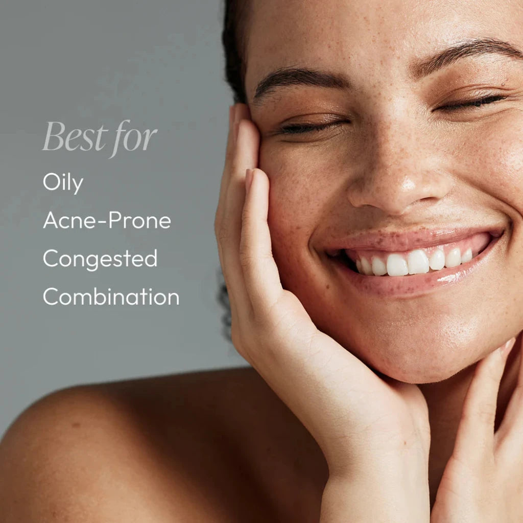 Woman with a happy expression, touching her face, with text indicating skin type benefits.