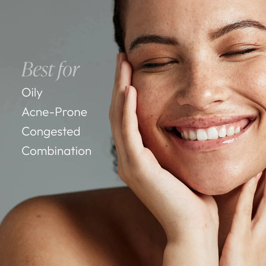 Woman with a happy expression, touching her face, with text indicating skin type benefits.
