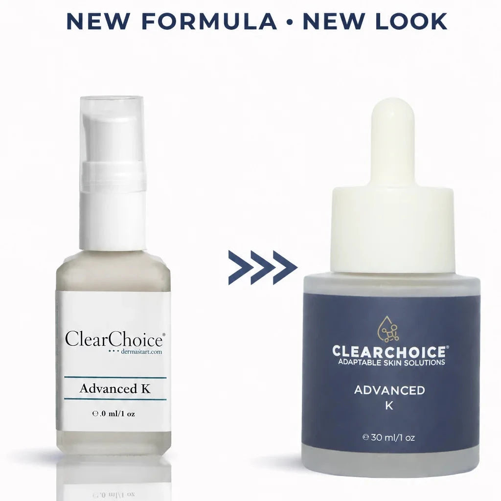 ClearChoice Advanced K skincare products with previous and new packaging on a white background