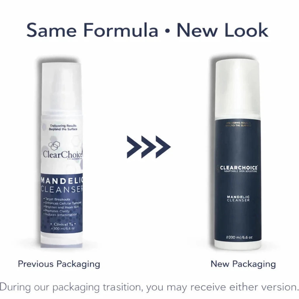 Two bottles of ClearChoice Mandelic Cleanser with text indicating a 'Same Formula, New Look' transition.