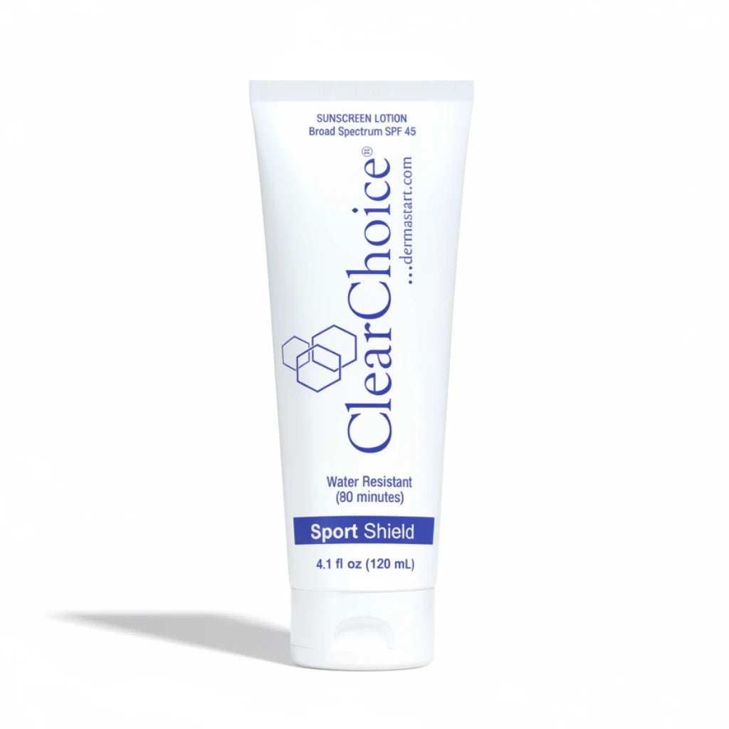 Clear Choice sunscreen lotion tube on a white background