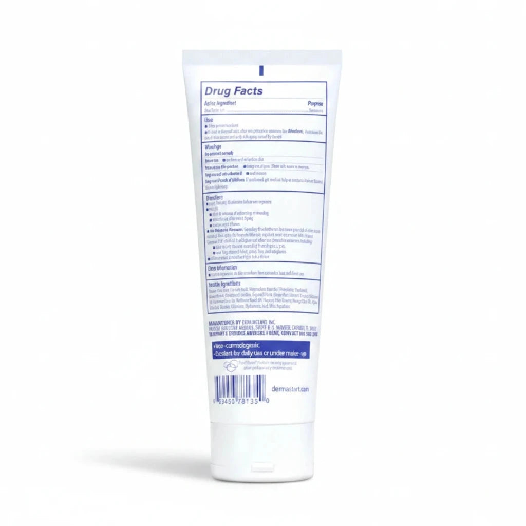 Back label of a skincare product tube labeled 'ClearChoice Sport Shield SPF 45' on a white background