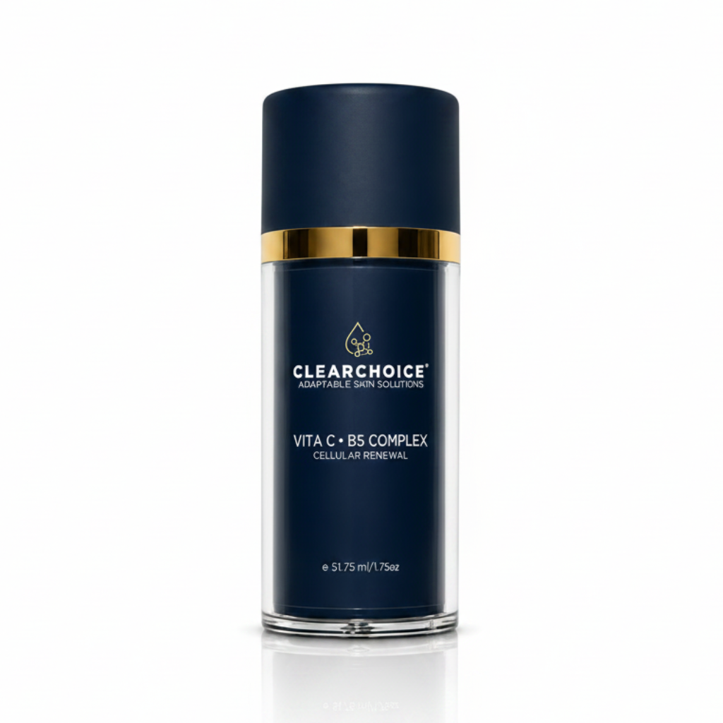 Clear Choice Vita C BS Complex Cellulap Renewal in a clear cylindrical bottle with a dark navy blue cap and a gold band, on a white background.
