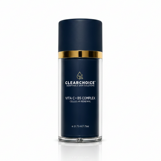 Clear Choice Vita C BS Complex Cellulap Renewal in a clear cylindrical bottle with a dark navy blue cap and a gold band, on a white background.