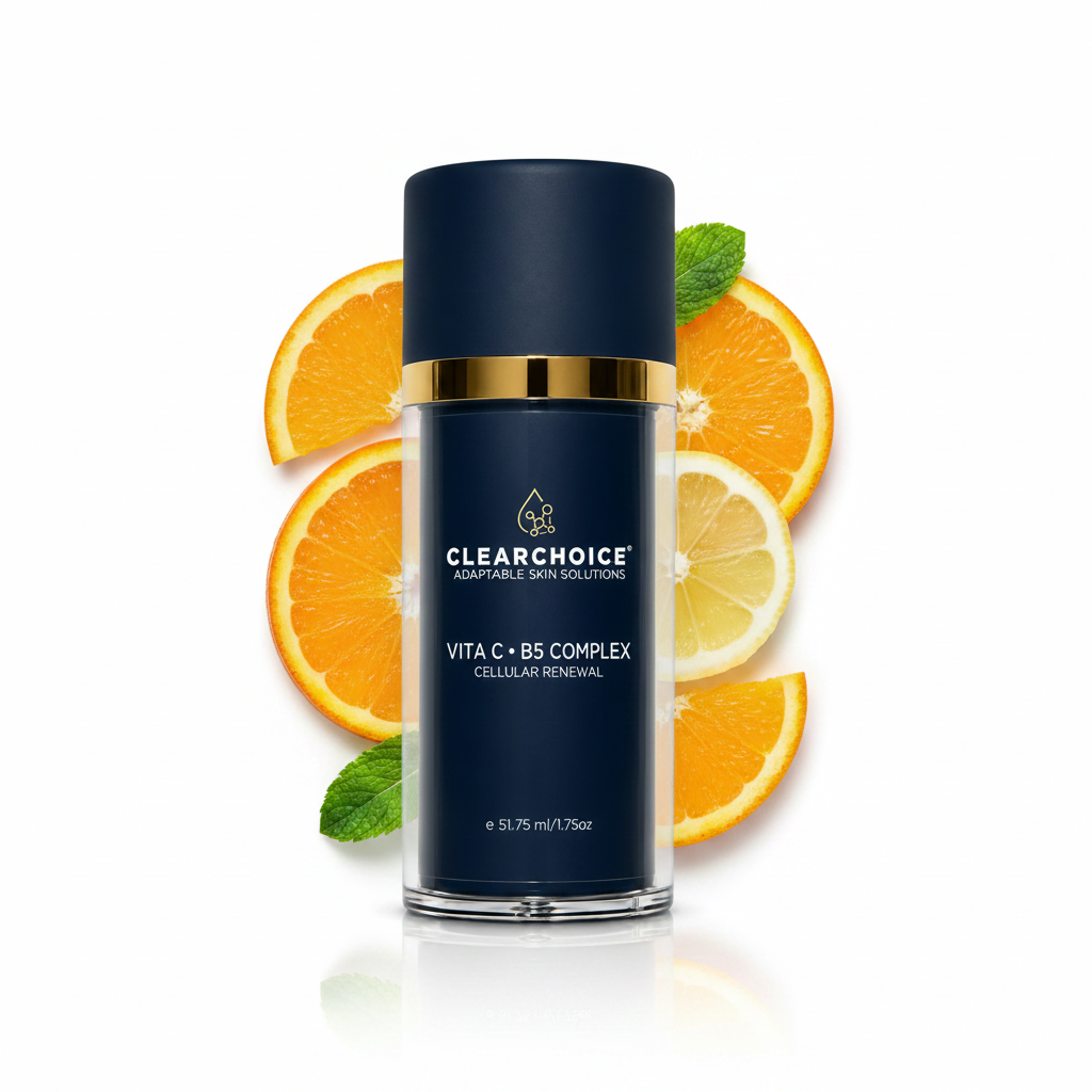 Clear Choice Vita C BS Complex Cellulap Renewal in a clear cylindrical bottle with a dark navy blue cap and a gold band, on a white background.
