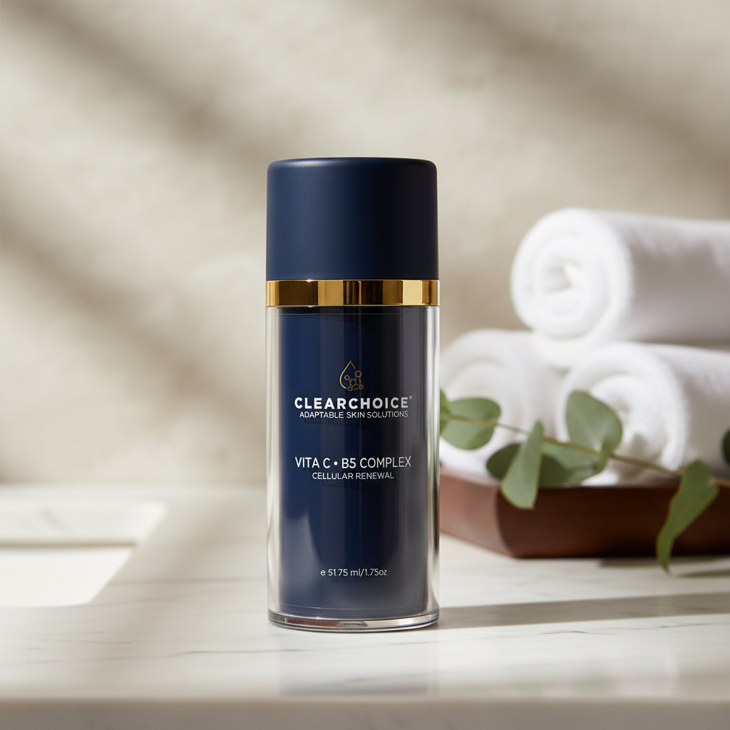 Clear Choice Vita C BS Complex Cellular  Renewal in a blue bottle with a dark navy blue cap and a gold band, on a white background.