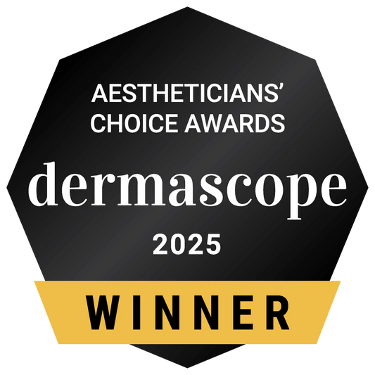 A hexagonal black award badge with white text reading 'AESTHETICIAN'S CHOICE AWARDS dermascope 2025' and a gold banner at the bottom that says 'WINNER'.