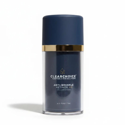 Clearchoice anti-wrinkle retinol serum bottle on a blue background