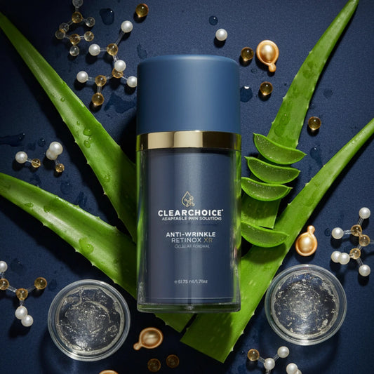 Clearchoice anti-wrinkle retinol serum bottle on a blue background