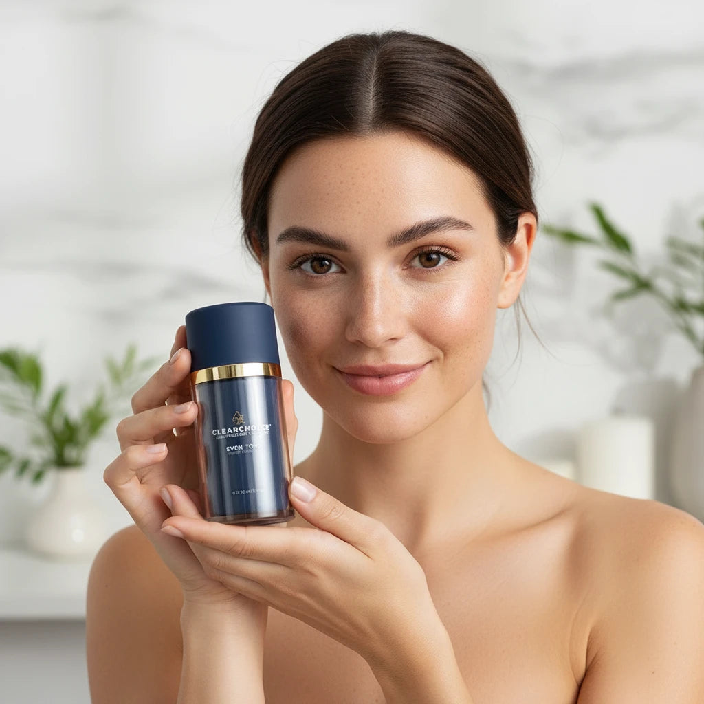 Clearchoice Even Tone Tinted Corrector in a clear bottle with a navy blue cap and gold band, on a white background.