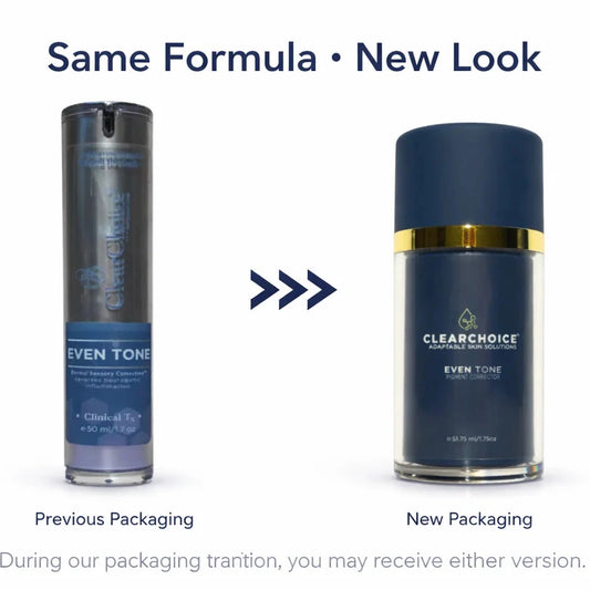 A comparison graphic showing two Clearchoice Even Tone bottles side by side under the heading 'Same Formula • New Look.' The left bottle is labeled 'Previous Packaging' and appears tall and slim with a dark blue label and silver cap.