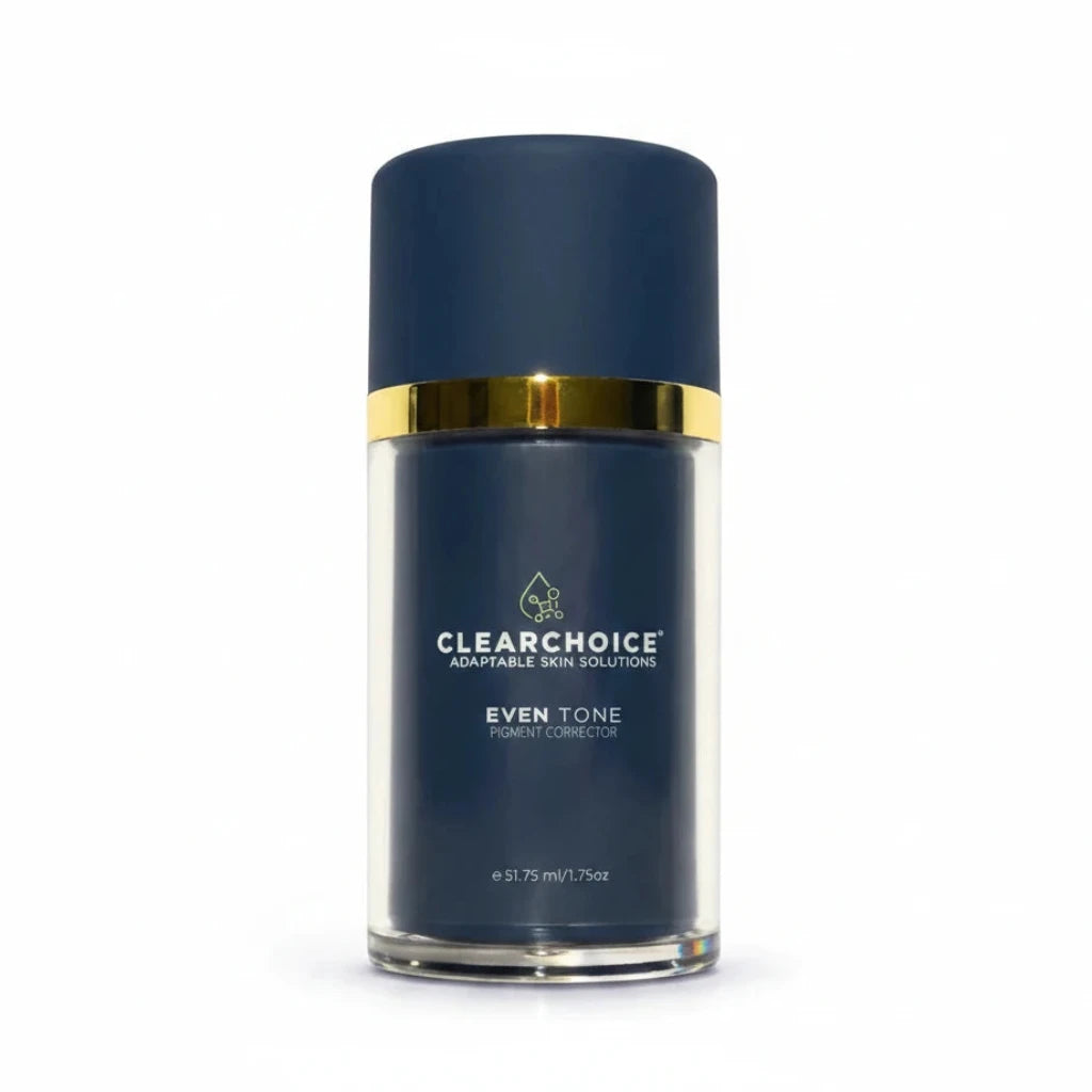 Clearchoice Even Tone bottle with a dark blue label, gold tone band and blue cap.
