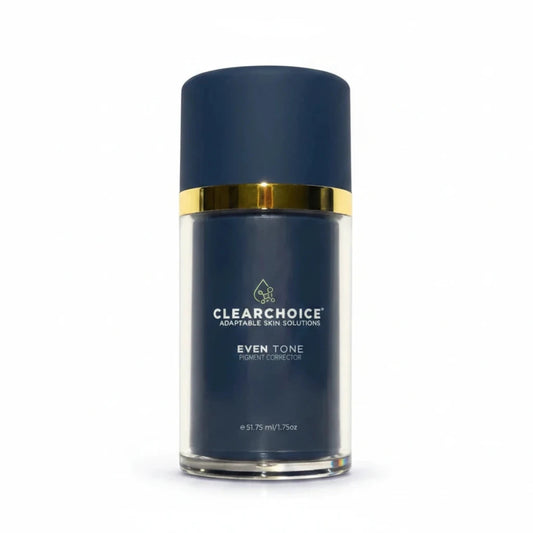 Clearchoice Even Tone bottle with a dark blue label, gold tone band and blue cap.