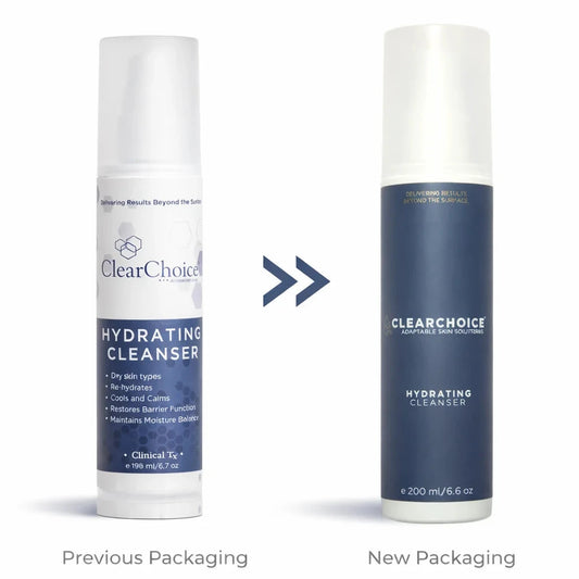 Two bottles of ClearChoice Hydrating Cleanser, one with previous packaging and one with new packaging, on a white background.