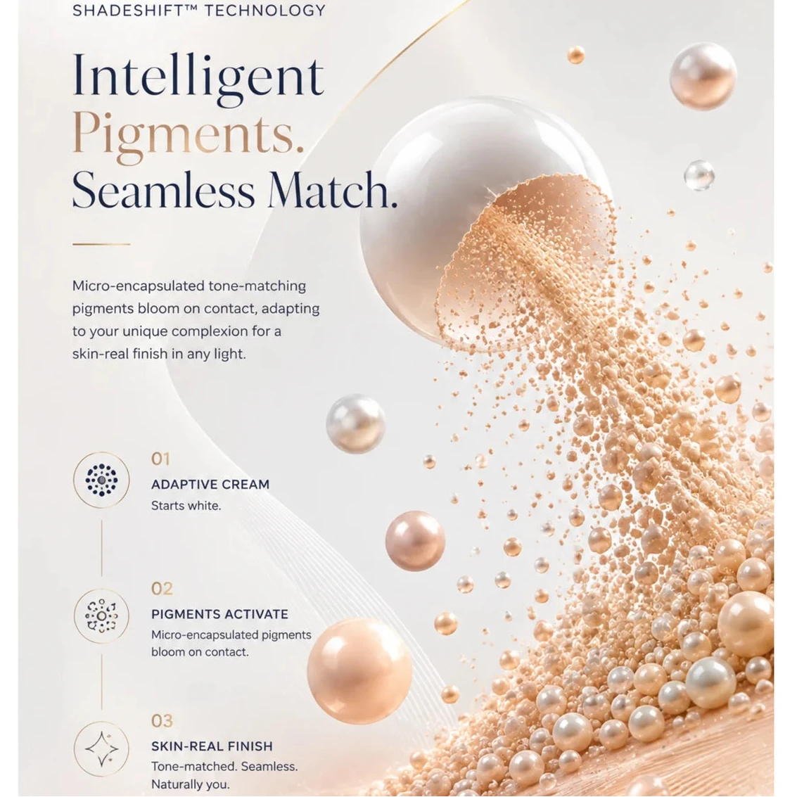 Promotional graphic for ClearChoice Urban Bloom ShadeShift Intelligent Pigments, showing a white and beige design with text explaining tone-matching pigments and a visual of shimmering pearl-like beads and gold powder pouring from a sphere.