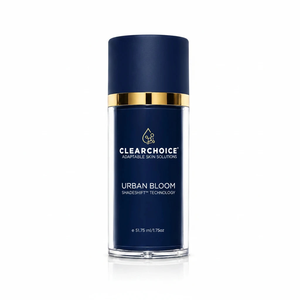 Clear Choice Urban Bloom ShadeShift Technology liquid cosmetic bottle with a navy blue cap and base, a gold metallic band, and a clear glass middle section, shown on a white background.