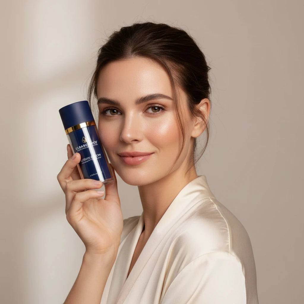 woman holding Clear Choice Urban Bloom ShadeShift Technology liquid cosmetic bottle with a navy blue cap and base, a gold metallic band, and a clear glass middle section, shown on a white background.
