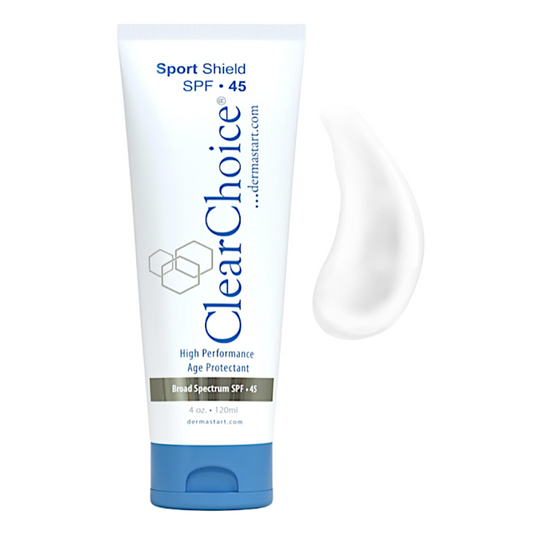 A tube of ClearChoice Sport Shield SPF 45 sunscreen. The packaging is predominantly white with blue accents and a sun protection icon, and it includes a swatch of the sunscreen product.