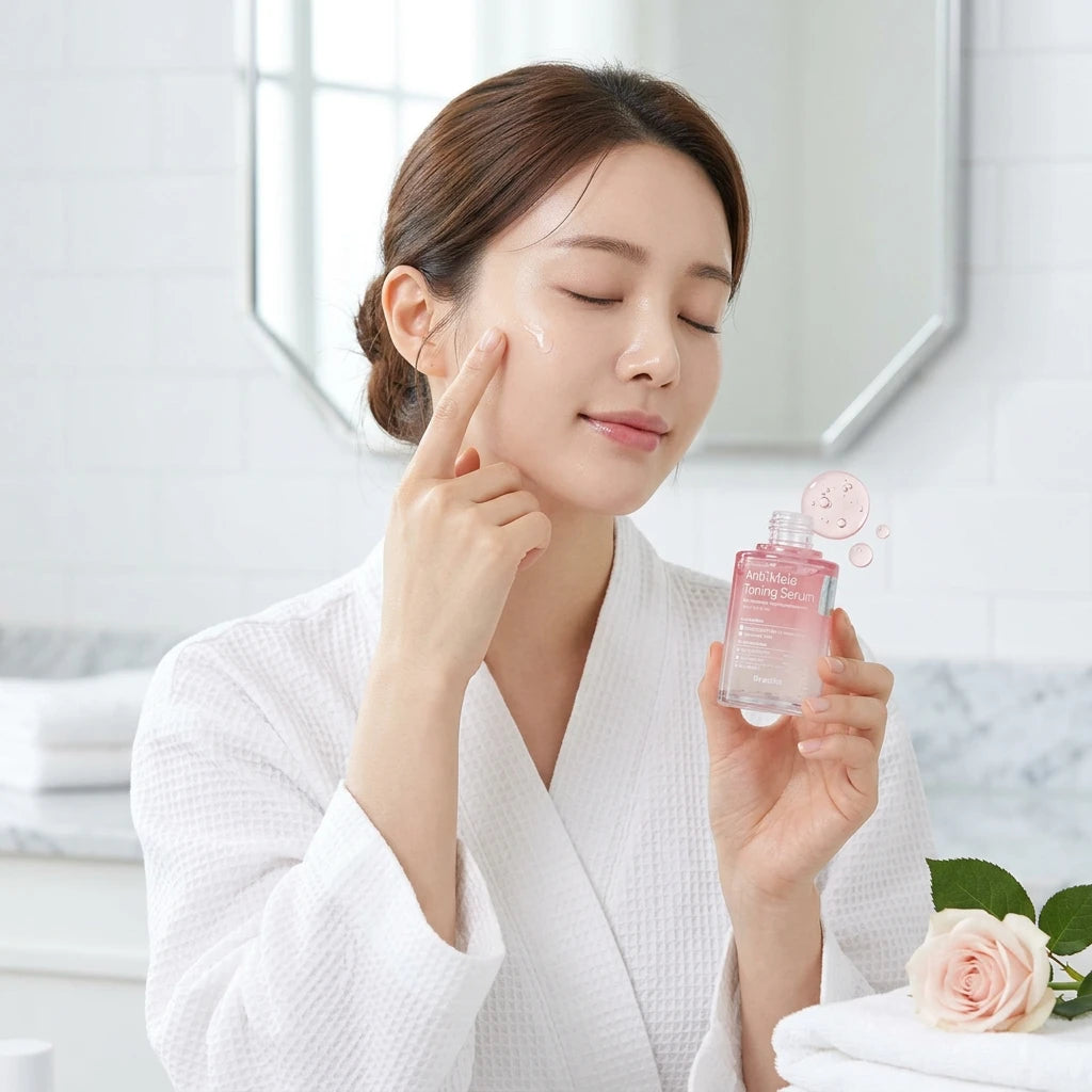 Woman applying to face of Dr. esthé Anti-Mela Toning Serum with a white cap and a pink-to-clear gradient liquid.