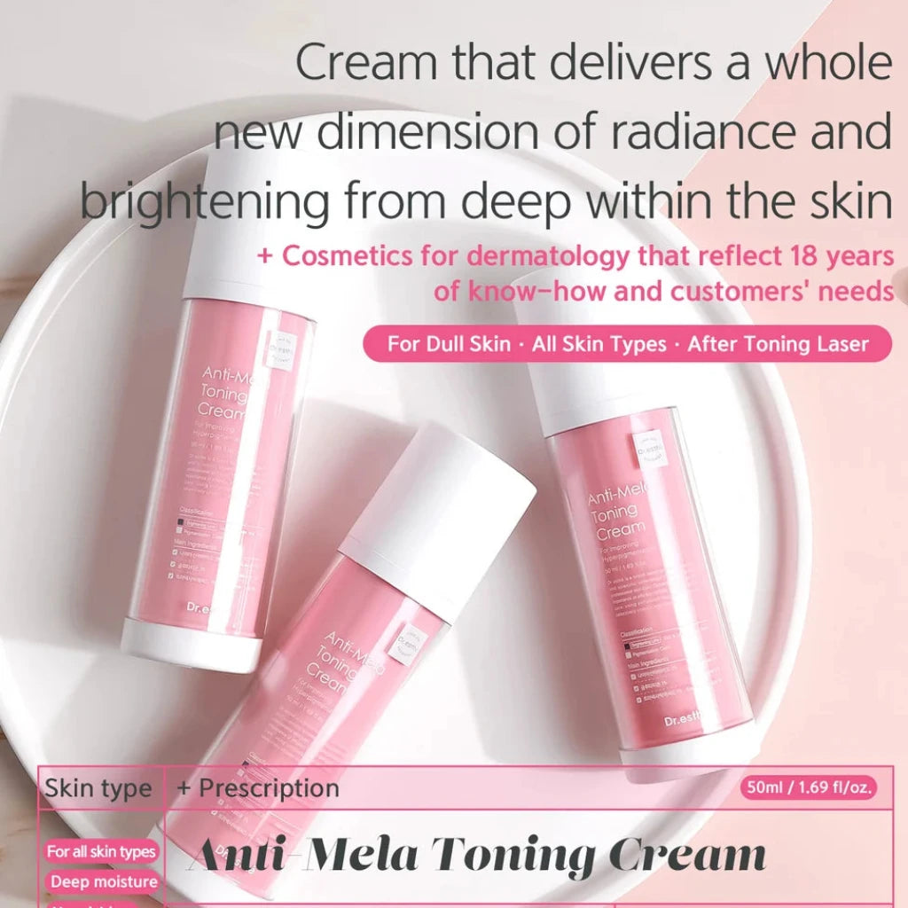Three pink and white tubes of Dr. Jiaqi Anti Mela Toning Cream arranged on a white plate against a soft pink background, with promotional text and ingredient details overlaid.