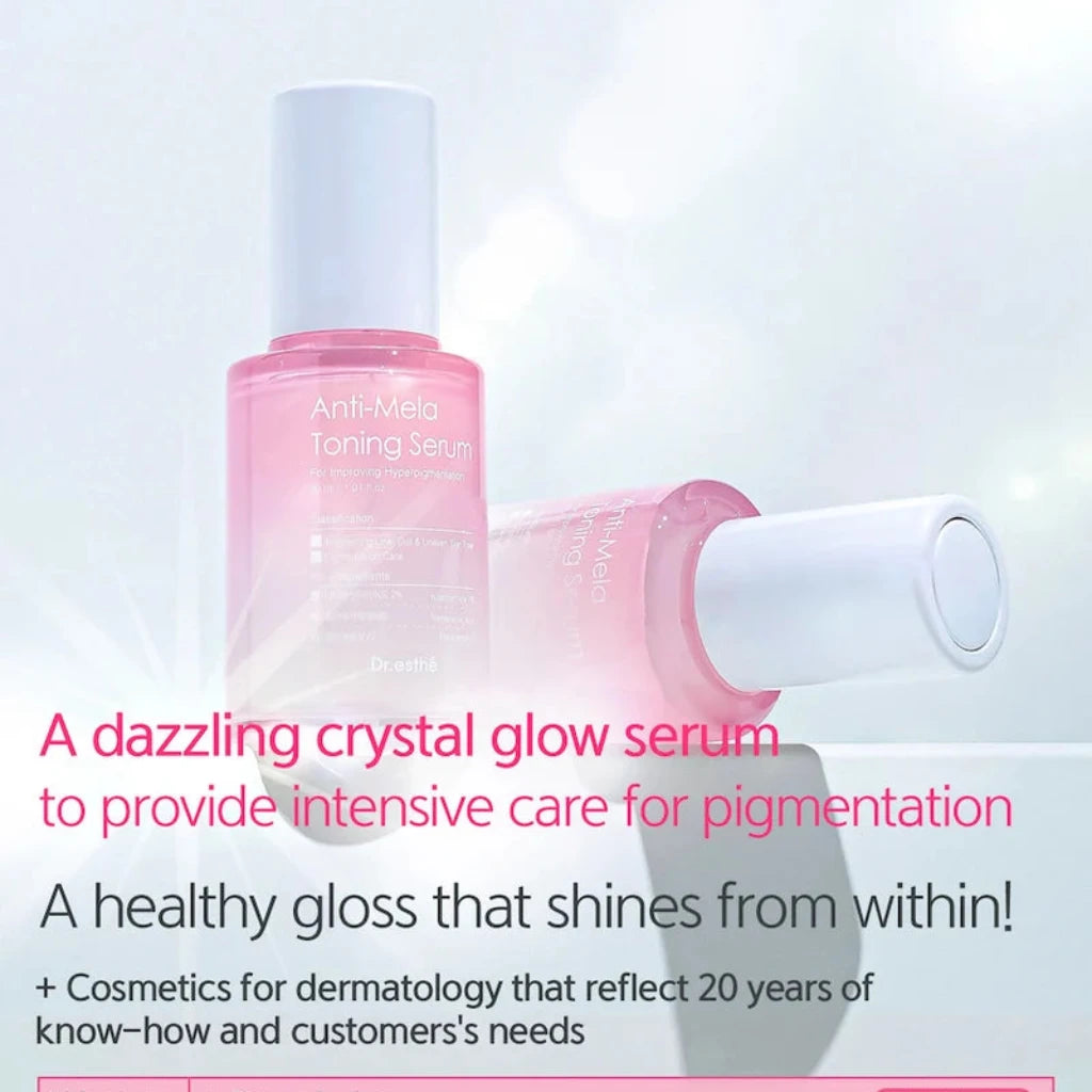 Anti Mela Toning Serum packaging with text on a light gray background