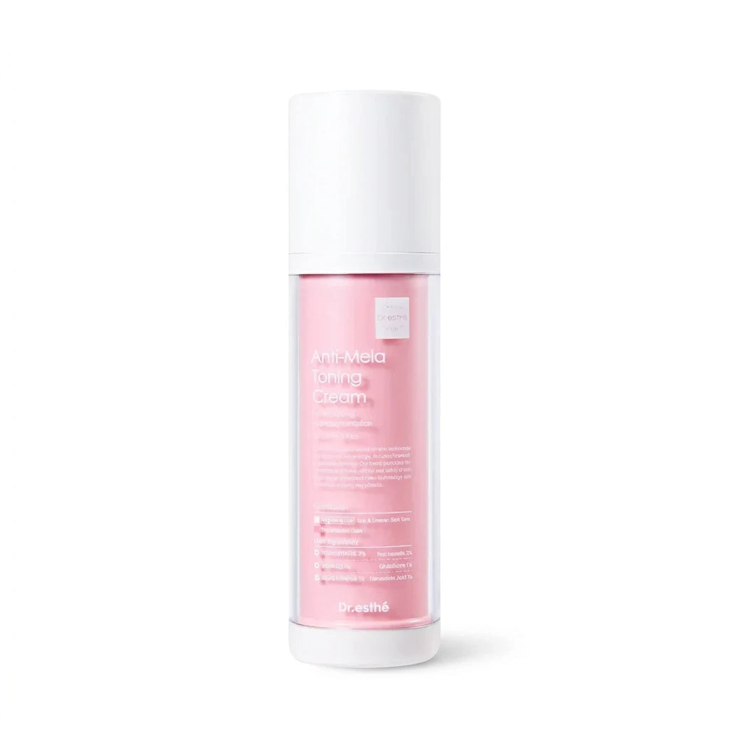 A bottle of Dr. esthe Anti Mela Cream with a white cap and a pink label, shown on a solid white background.