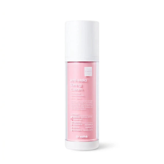 A bottle of Dr. esthe Anti Mela Cream with a white cap and a pink label, shown on a solid white background.