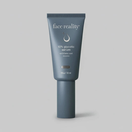 Blue tube of 'face reality' 10% glycolic serum on a beige background.