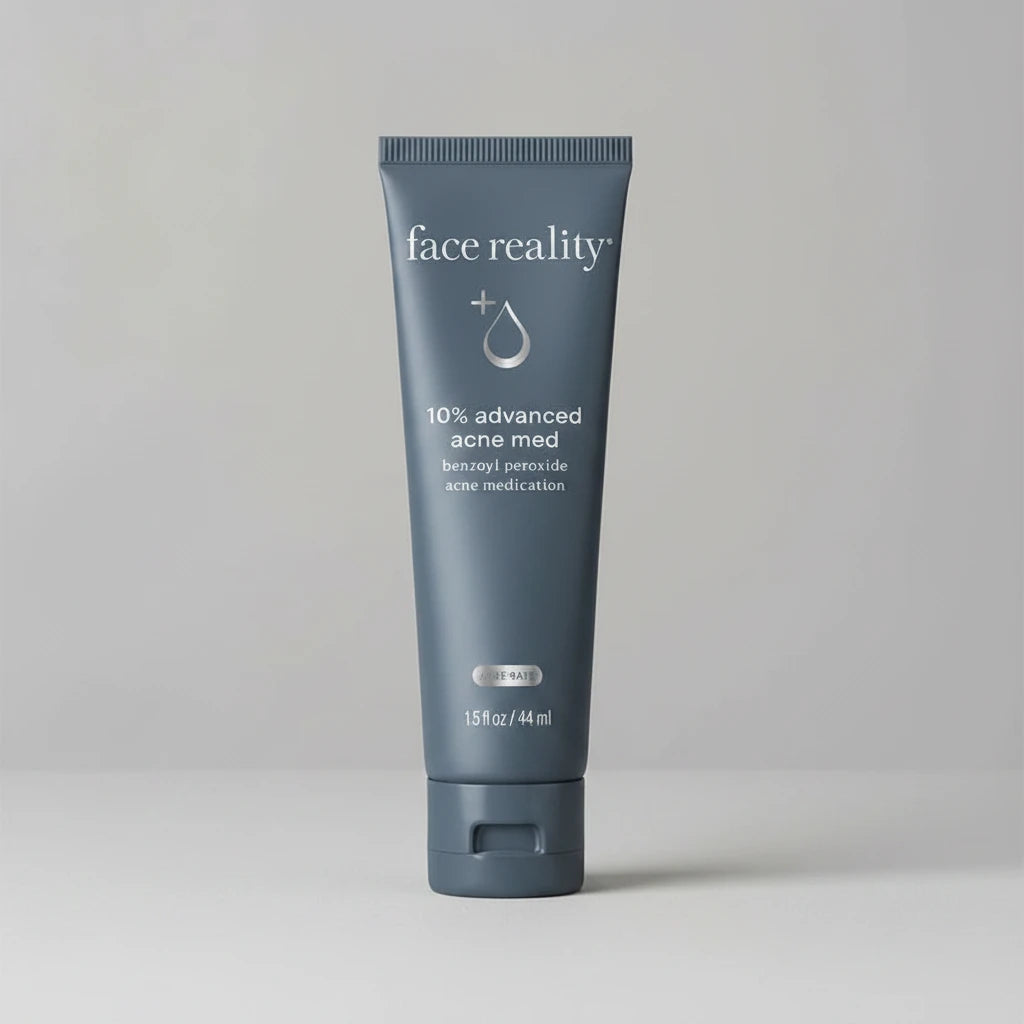 Tube of 'face reality' 10% advanced acne med on a beige background