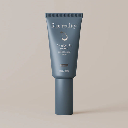 Face_Reality_5%_Glycolic_serum in blue tube on a light beige background