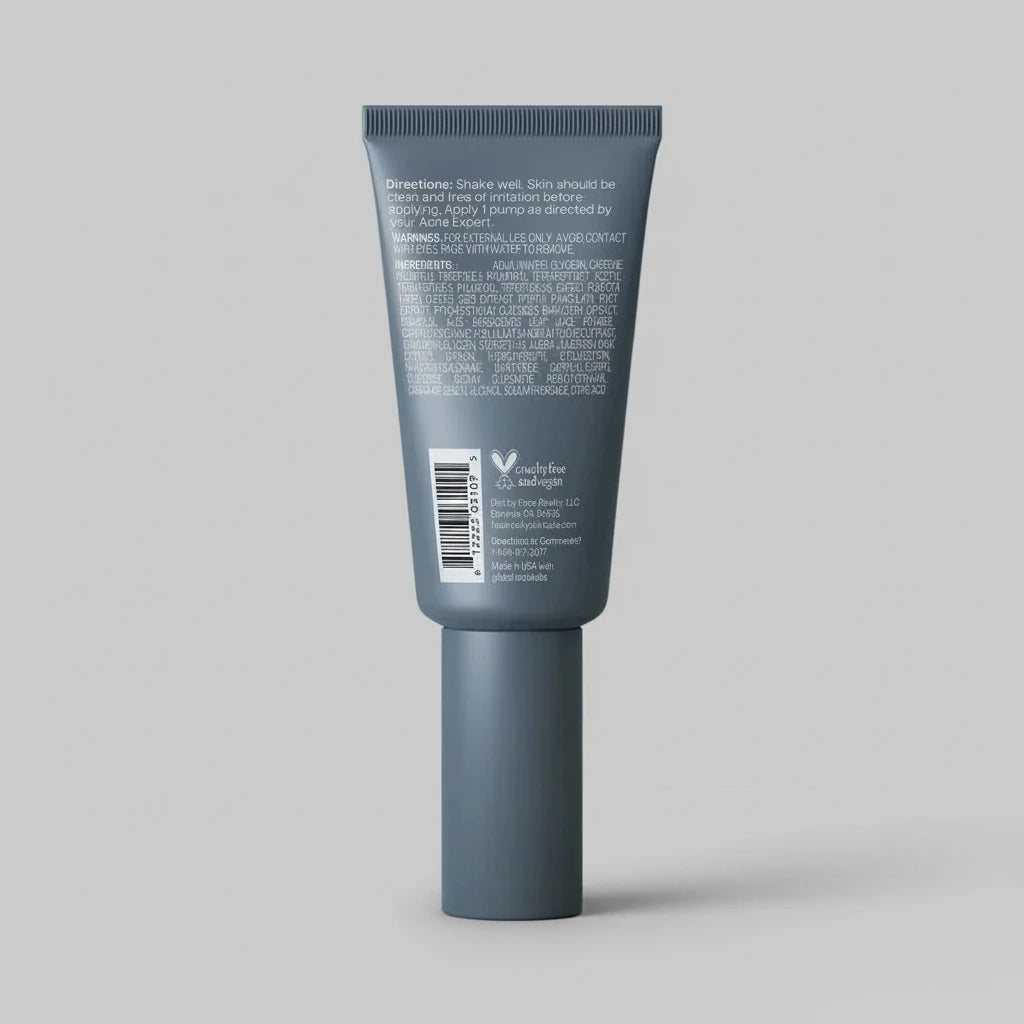 Blue tube of face reality antioxidant peptide serum with text on a beige background