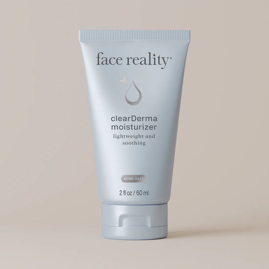 Face Reality ClearDerma Moisturizer product on a beige background 