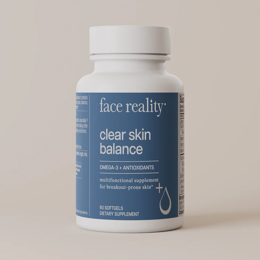 Supplement bottle labeled 'face reality clear skin balance' on a beige background