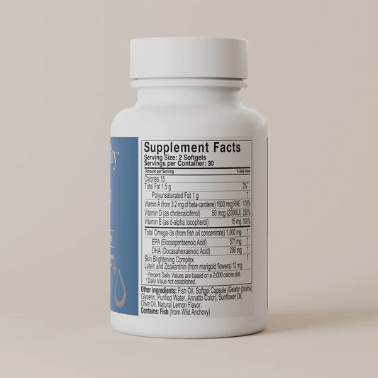 Supplement bottle with label on a beige background