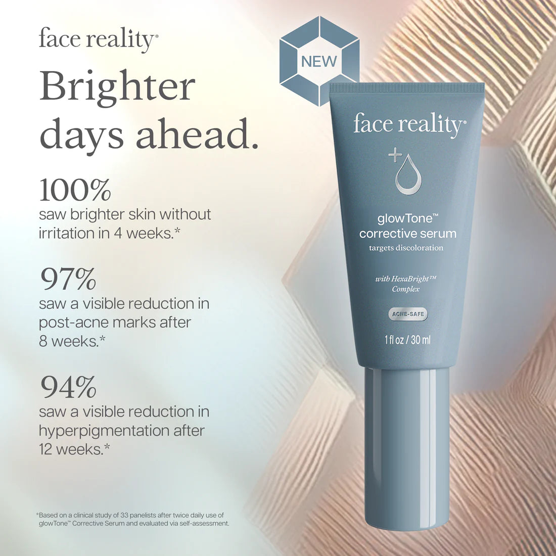 Tube of 'face reality' glowTone corrective serum with promotional text on a light background