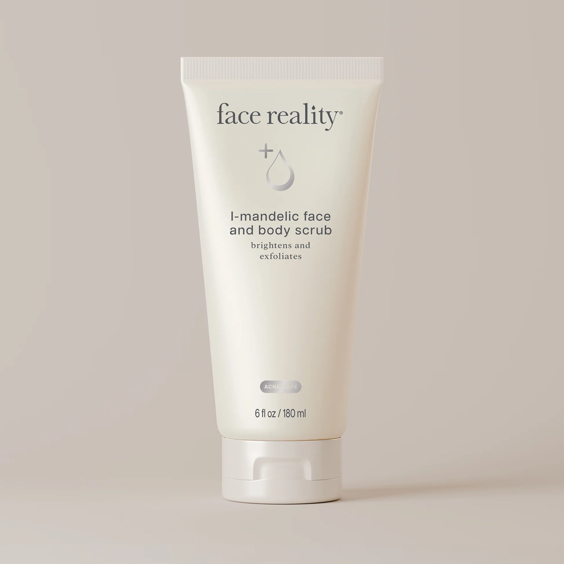 Tube of face reality I-mandelic face and body scrub on a light background