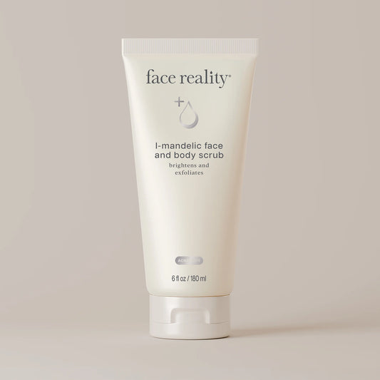 Tube of face reality I-mandelic face and body scrub on a light background