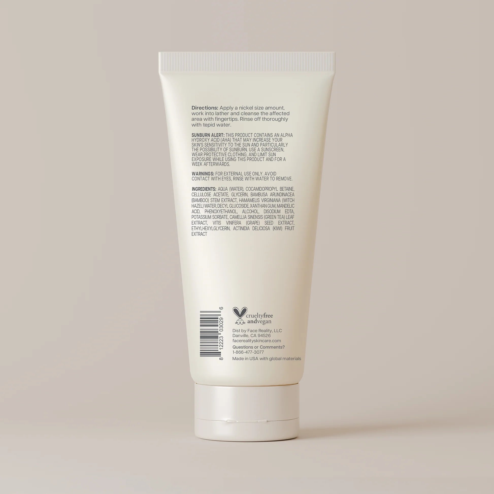 Face Reality L-Mandelic Face and Body Scrub back of product on white tube