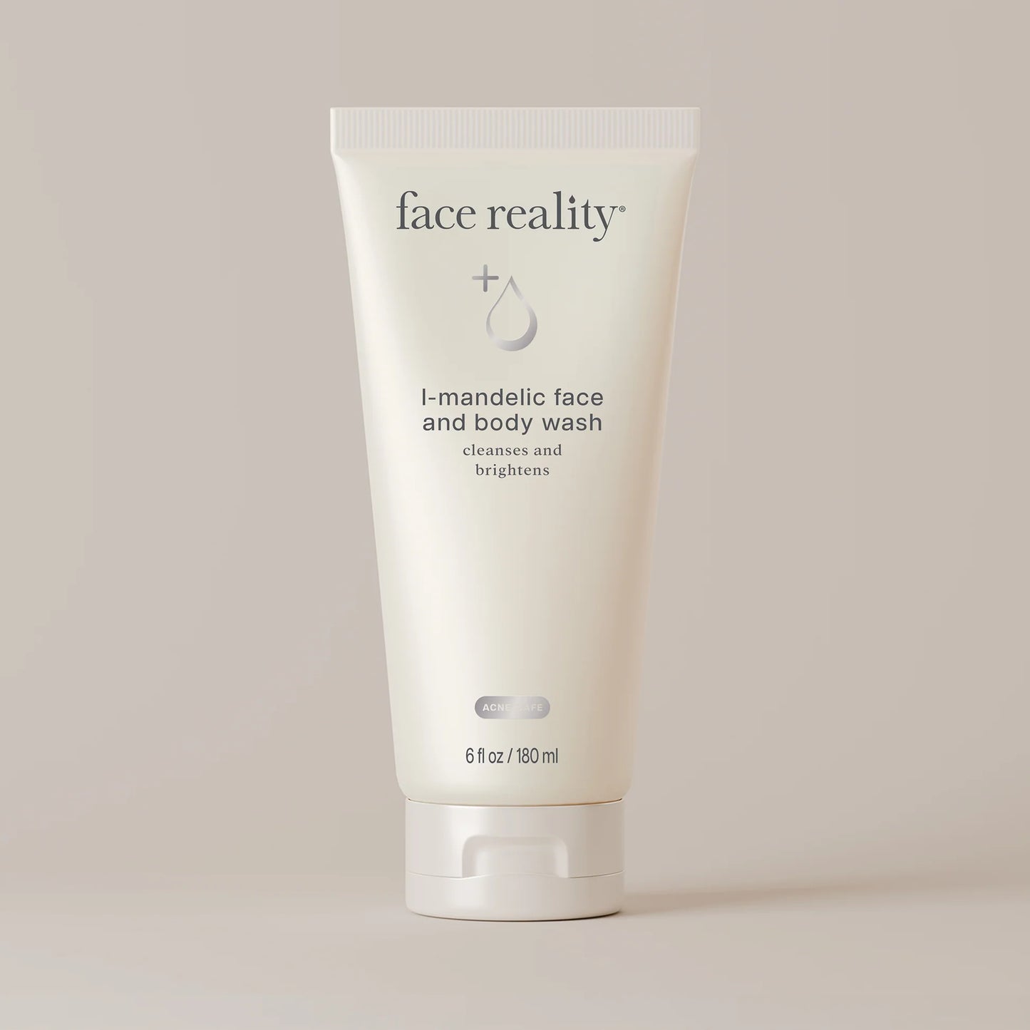 White tube of cleanser with letters reading Face Reality L-Mandelic Face and Body Wash 
