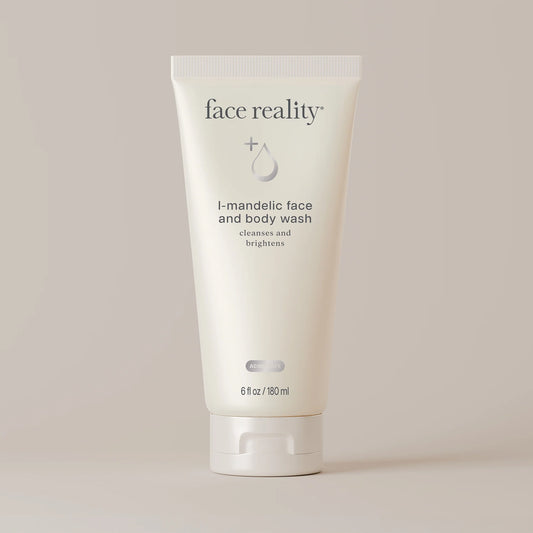 White tube of cleanser with letters reading Face Reality L-Mandelic Face and Body Wash