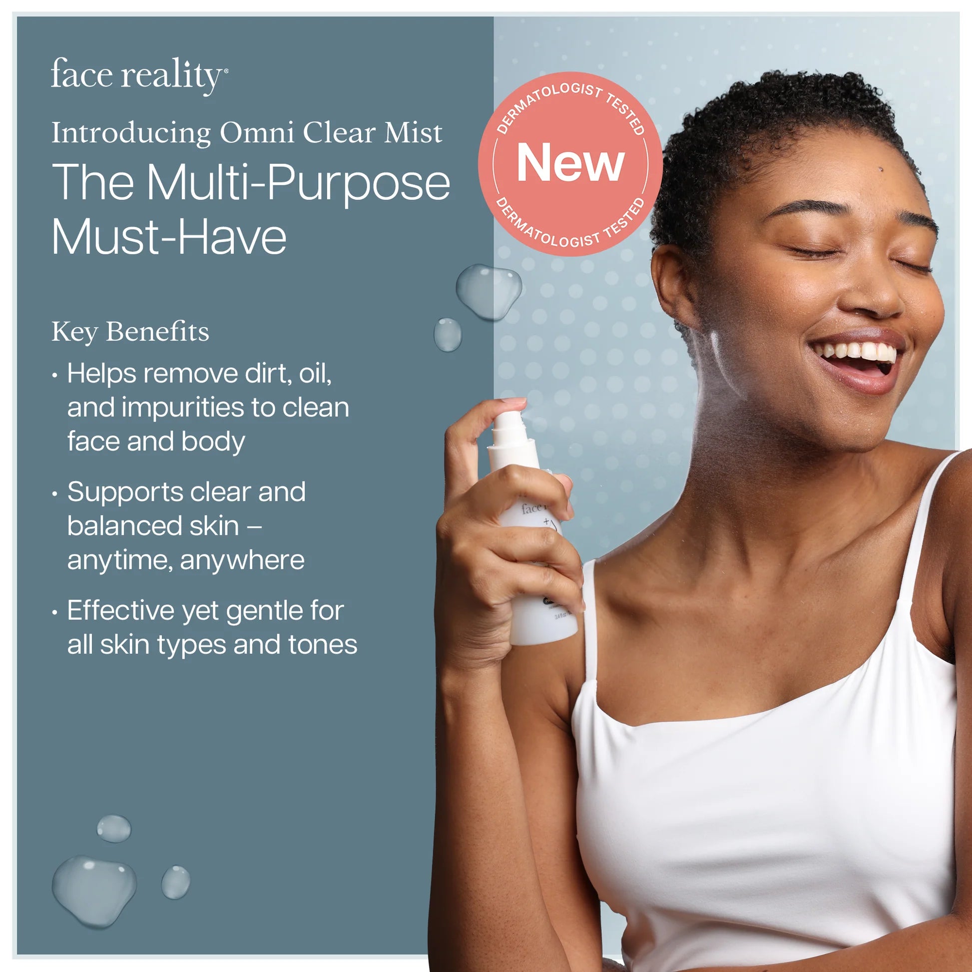 Woman using Omni Clear Mist with product details on a blue background