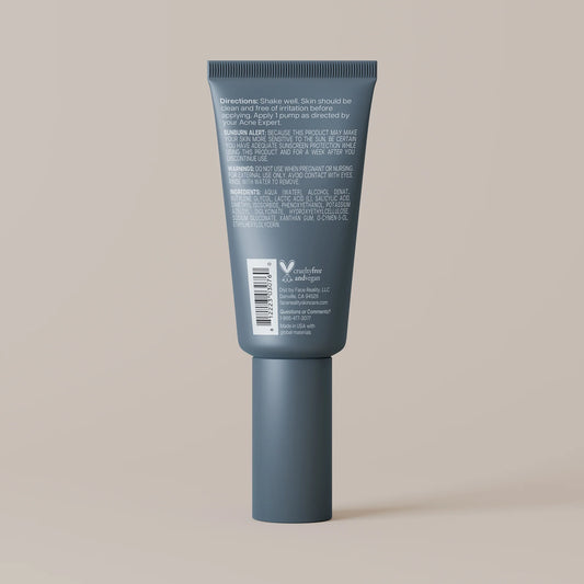Blue skincare tube with brand logo on a beige background