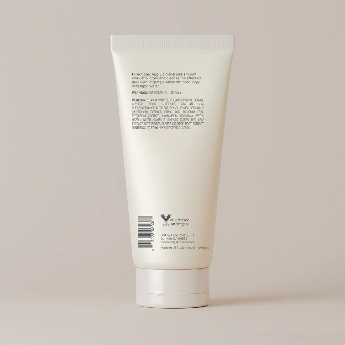 Face Reality Ultra Gentle Cleanser back of white tube with text