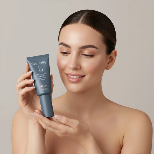 Blue tube of 'face reality' 10% Glycolic serum on a beige background