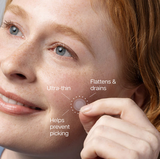 Close-up of a person's face with text indicating product features