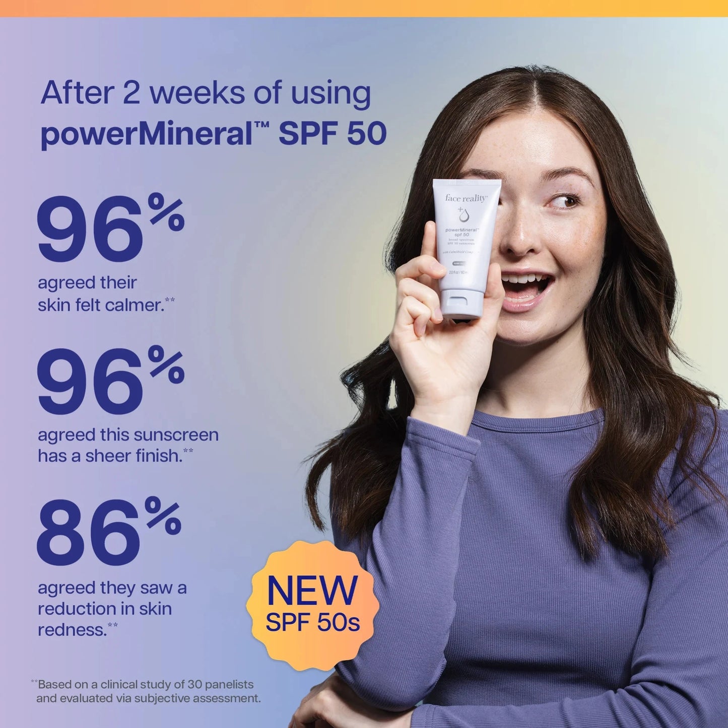 Woman holding a tube of face reality powerMineral sunscreen spa 50 with usage statistics on a blue and orange background