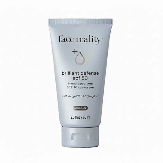 Tube of face reality brilliant defense SPF 50 sunscreen on a white background