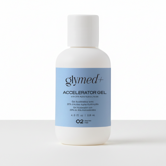 Bottle of GlyMed+ Accelerator Gel with blue label, white cap, and branding information.