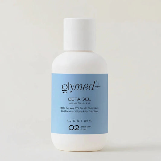 Bottle of glymed+ Beta Gel on a light gray background