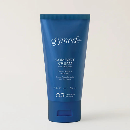 Blue tube of glymed+ Comfort Cream on a white background